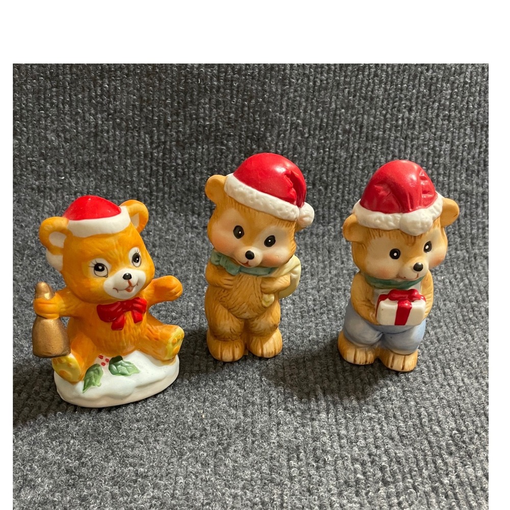 Vintage Christmas Ceramic Bear Figurines Set of 3 Santa Hats Bell Gift Taiwan